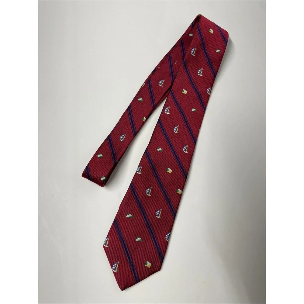 Vintage J.Crew Tie Red Blue Stripe Sailboat Pattern 100% Silk Made in USA